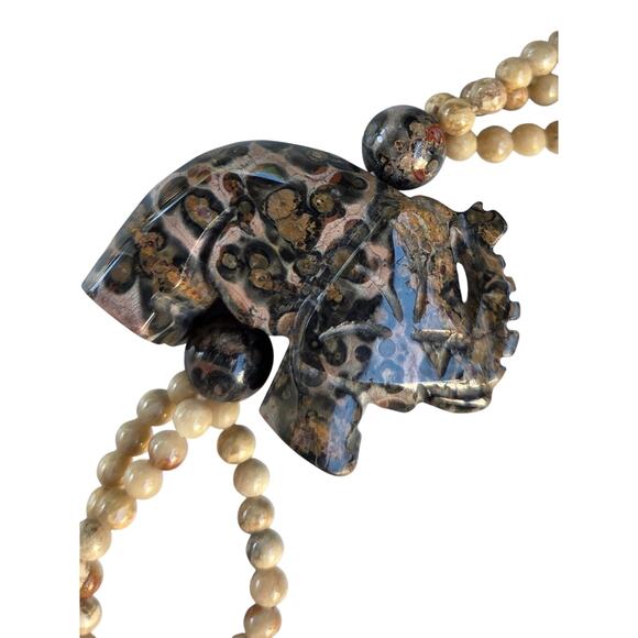 Vintage Pink Spotted Leopard Jasper Carved Elephant Beaded Necklace - Picture 2 of 11